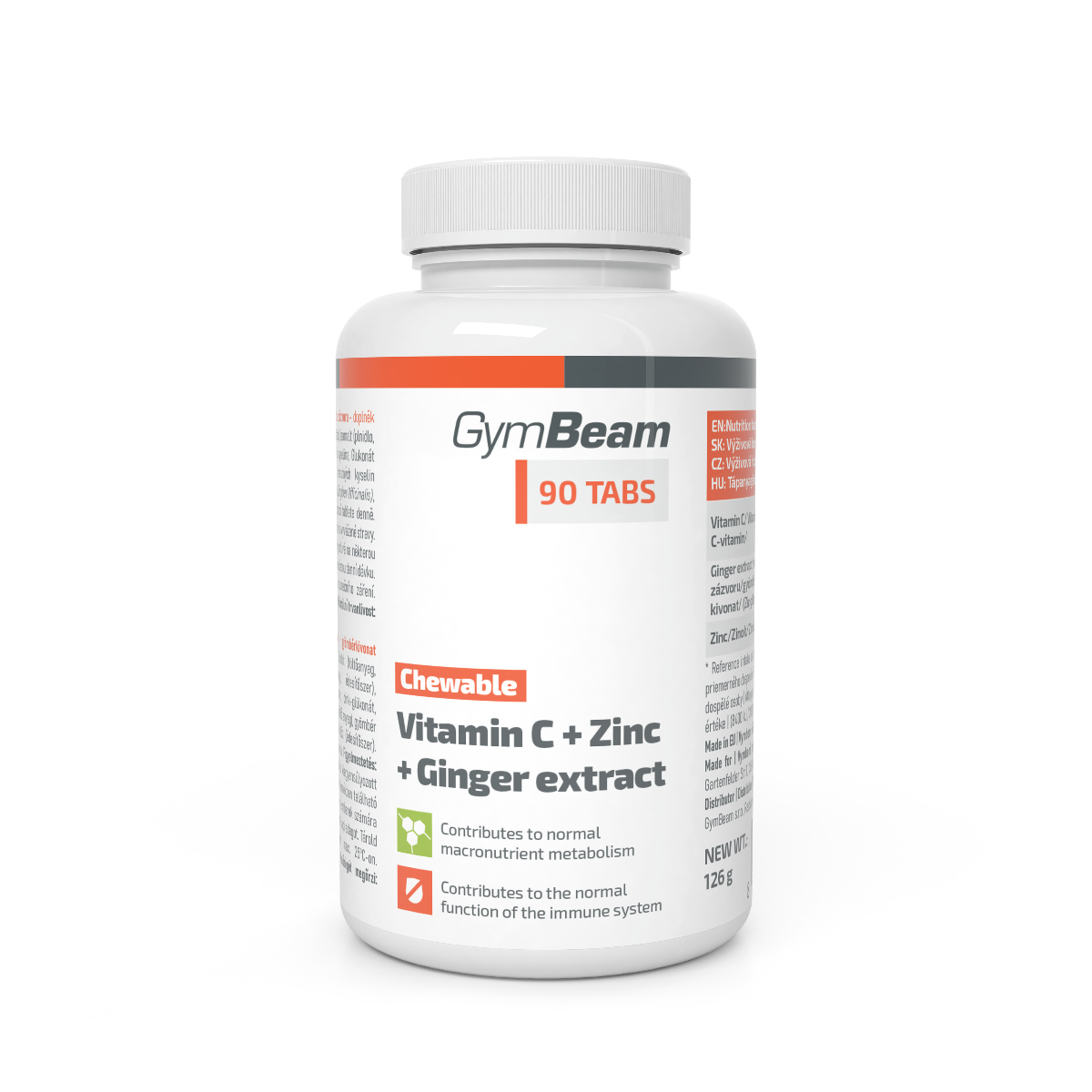 GymBeam Vitamín C + Zinek + extrakt ze zázvoru, tablety na cmúľanie 90 tablet