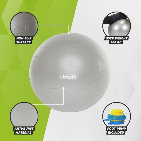 Gymnastický míč s pumpičkou VIRTUFIT Anti-Burst šedý vlastnosti