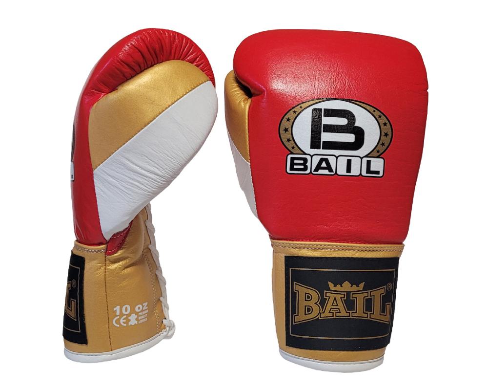 Boxerské rukavice Profi šněrovací - kůže vel. 10 oz červená bílá zlatá BAIL