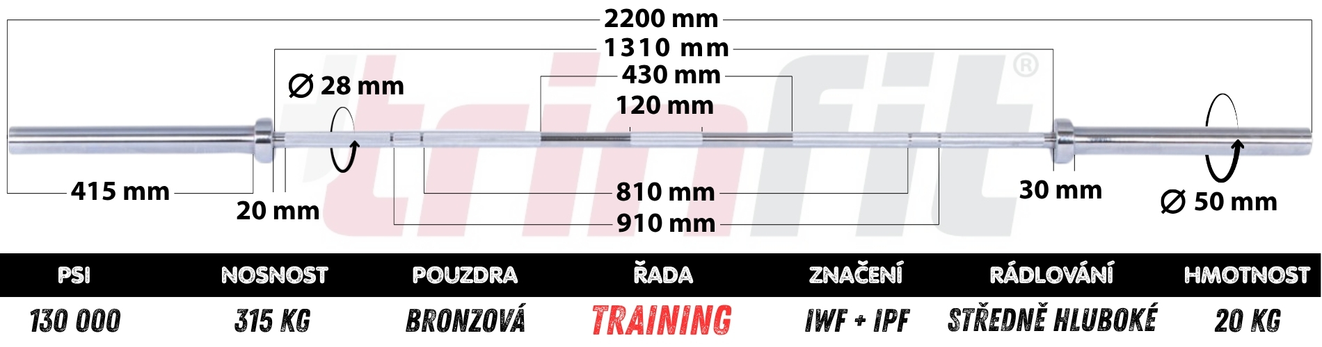 Olympijská osa TRINFIT 2200 mm TRAINING 315 kg