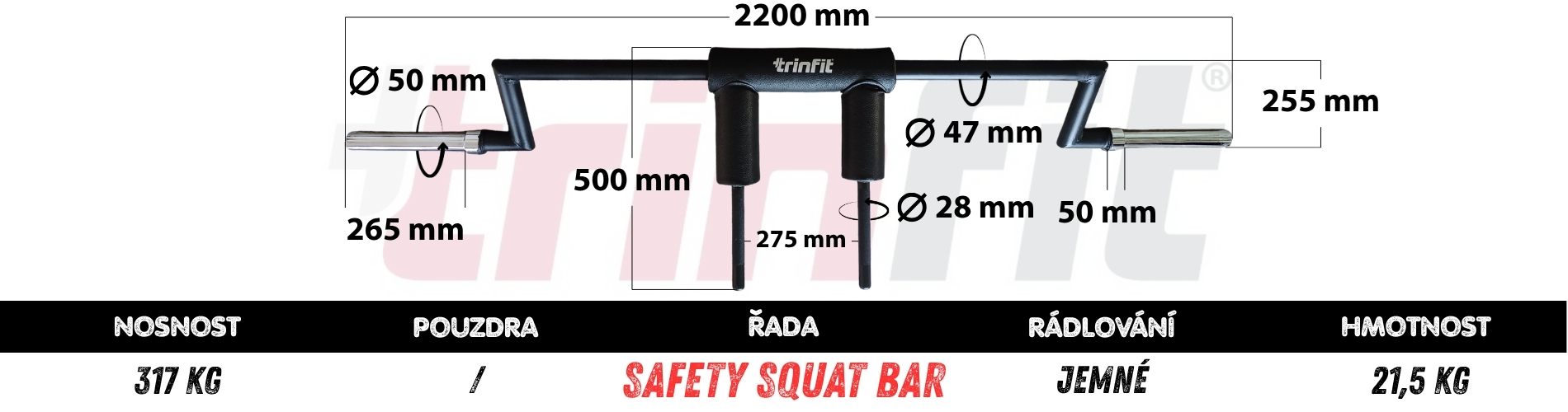 Safety squat bar TRINFIT 2200 mm BLACK rozměry